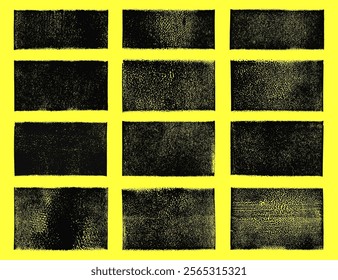 Linocut vector relief printing rectangle shapes, wide stripes rough textures set. Paint roller stains, lino ink grunge geometric text box templates. Artistic linocutting textured backgrounds