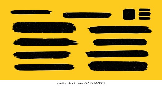 Linocut vector relief printing rectangle shapes, stripes of various length, rough grunge textures collection. Textured backgrounds set. Paint roller stains, lino ink grungy geometric text box 