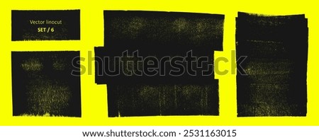 Linocut vector, relief printing rectangle square shapes, wide stripes rough textures set. Paint roller stains, lino ink grungy geometric figures. Artistic linocutting textured backgrounds, text frames