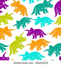 Linocut vector seamless pattern with dinosaur. Colorful triceratops.