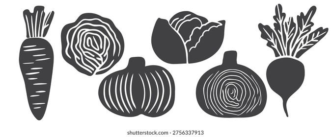 Linocut vegetable set: carrot, cabbage, onion, beet. Handdrawn monochrome ink illustration, woodcut stamp style, cross-section cut. Isolated organic food icons