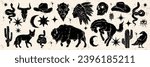 Linocut western boho set, Texas desert engraving print collection, vector canyon wildlife, cactus. Texture grunge Arizona rodeo graphics, bull, horse, snake, skull silhouette. Mystic linocut western