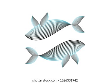 Linocut Whale / Fish Illustration. Two Blue And Black Objects With White Background - Decorative Blend Effect.