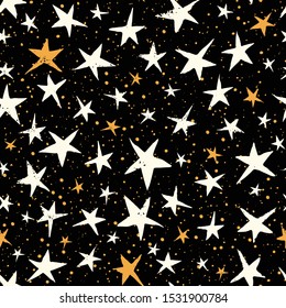 Linocut White and Yellow Stars on Black Sky Vector Seamless Pattern. Christmas Hand Printed Background. Starry Winter Holiday Print. Midnight Hour.