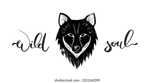 linocut wolf portrait with wild soul lettering