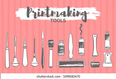 Linocut, woodcut supplies, printmaking tools flat lay hand drawn illustrations set. Lino cutter, gouge, chisel, rubber roller or brayer, paint tube, bottle, palette knife. Brush drawn rough edges.