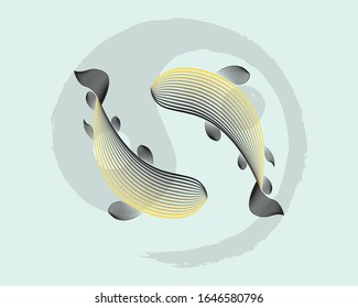 Linocut yin yang fish illustration. Line blend technique vector blue /water background with yin yang symbol.