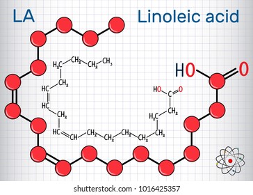 Linoleic acid (LA). Structural chemical formula and molecule model. Sheet of paper in a cage. Vector illustration
