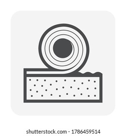 Linoleum floor material vector icon in editable stroke style. Rolled resilient flooring placed above finished surface, representing floor covering, interior finishing, architectural materials, renovation, construction, flooring installation, residential, commercial, office, healthcare, education, retail, industrial spaces, building maintenance, home improvement, sustainable design, durable surface, seamless finish, technical documentation, CAD drawings, engineering references, specification sheets, material catalogs, web graphics, mobile apps, user interface, infographics, manufacturing guides, contractor resources, flooring systems, architectural planning, professional design projects. Clean scalable symbol isolated on white background for blueprints, construction documents, digital illustrations, and engineering workflows.