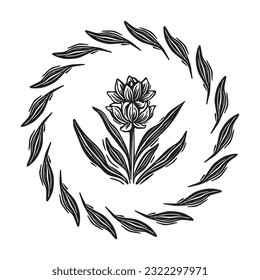 Linotype floral frame whimsical vector illustration. Handmade design of quirky foliage graphic.