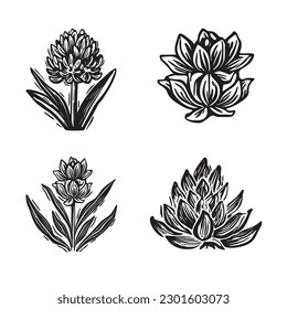 Linotype floral icon collection in whimsical vector art. Decorative foliate design for rustic botany set. 