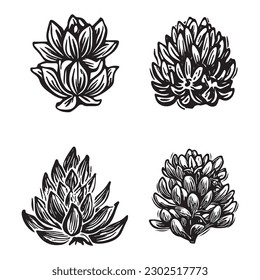 Linotype floral icon collection in whimsical vector art. Decorative foliate design for rustic botany set. 