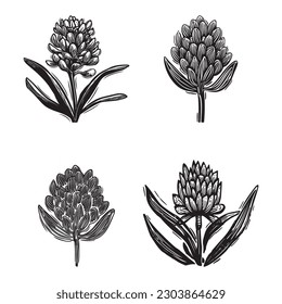 Linotype floral icon collection in whimsical vector art. Decorative foliate design for rustic botany set. 