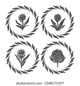 Linotype floral icon collection in whimsical vector art. Decorative foliate design for rustic botany set. 