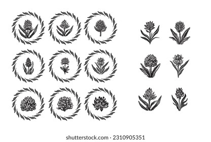 Linotype floral icon collection in whimsical vector art. Decorative foliate design for rustic botany set. 