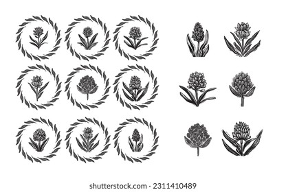 Linotype floral icon collection in whimsical vector art. Decorative foliate design for rustic botany set. 