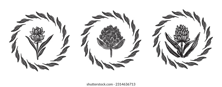 Linotype floral icon collection in whimsical vector art. Decorative foliate design for rustic botany set. 