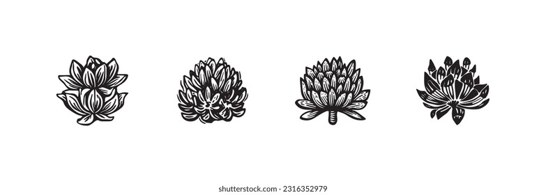 Linotype floral icon collection in whimsical vector art. Decorative foliate design for rustic botany set. 