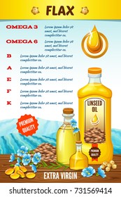 Linseed oil, benefits flax, food infographic vitamins. Vector illustration.