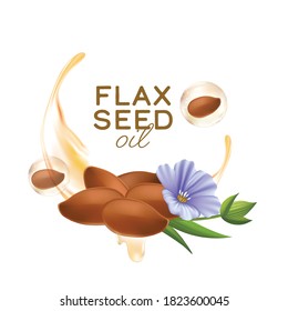 linseed oil, flaxseed and flowers vector illustration