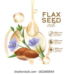 linseed oil, flaxseed and flowers vector illustration