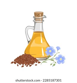 Aceite de lino en botella de vidrio, montón de semillas y flores. Ilustración vectorial de aceite de Flaxsemilla. 