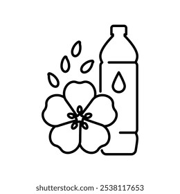 Icono de aceite de linaza, icono de línea. Flor de lino, semillas y botella de plástico. Símbolo de grasa vegetariana orgánica. Icono de estilo simple, trazos editables