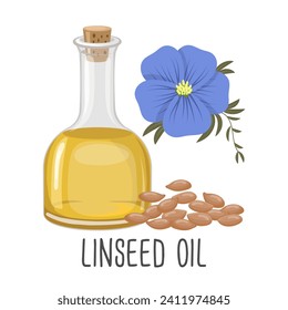 Linseed oil, seeds, flowers and flax plant. Linseed oil in a bottle. Food. Illustration, vector