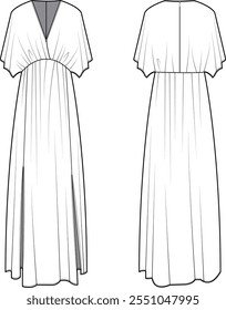 Linsey Plunge Batwing Maxi Dress Flat Sketch Technical Fashion Illustration