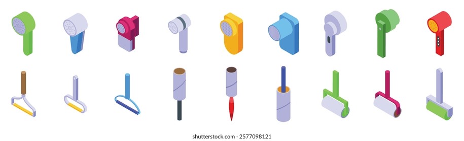 Lint remover icons set. Different types of lint removers and fabric shavers ensuring fresh and clean clothes