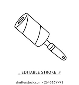 Um ícone de cilindro de fiapos em estilo minimalista com traçado editável. Cuidados com roupas, ferramenta de limpeza de guarda-roupas, escova de tecido, acessório doméstico, manutenção têxtil, desenho de contorno, ilustração de linha de vetor.