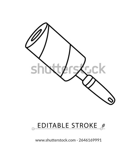 A lint roller icon in minimalist style with editable stroke. Clothing care, wardrobe cleaning tool, fabric brush, household accessory, textile maintenance, outline drawing, vector line illustration.