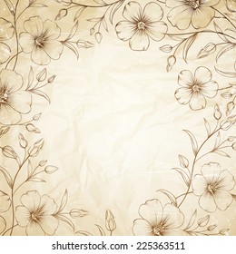 Linum flower frame over old paper. Vector illustration.