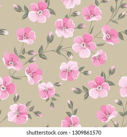Linum seamless pattern for fabric swatches. Pattern with red flowers and small leaves. Vector illustration.