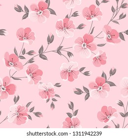 Linum seamless pattern for fabric swatches. Pattern with red flowers and small leaves. Vector illustration.