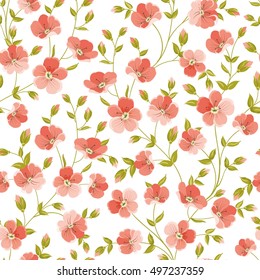 Nahtloses Linum-Muster für Armbanduhren. Muster mit roten Blumen und kleinen Blättern. Vektorillustration.