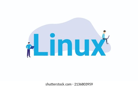 Linux operating system concept with lettering and coding with laptop