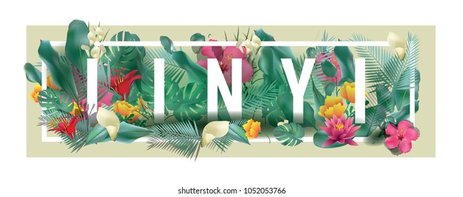 Linyi City Typographic Floral Framed Vector Card Design