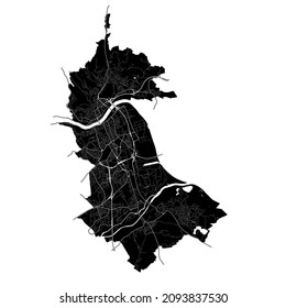 Linz, Austria, high resolution vector map with city boundaries, and editable paths. The city map was drawn with white areas and lines for main roads, side roads and watercourses on a black background.
