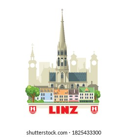 Linz city skyline, Austria. City landscape with ancient architectural buildings and the city's coat of arms. Tourist routes and trips across Europe.