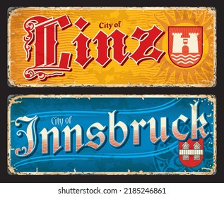 Linz, Innsbruck, Austrian city plates and travel stickers, vector luggage tags. Austria cities tin signs and travel plates with flag emblems and Austrian tourism landmark symbols