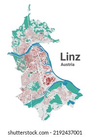Linz vector map. Detailed map of Linz city administrative area. Cityscape panorama. Road Map with buildings, water, forest. Tourist decorative map.