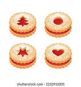 Linzer christmas cookies icon set vector. Delicious christmas linzer round cookies with jam icon set isolated on a white background. Festive shortbread biscuit drawing
