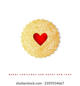 Galleta Linzer, tarjeta de felicitación, elemento de diseño, pastelería. Galleta tradicional de bocadillos de Navidad. Lleno de mermelada de fresa. Tarjeta de Año Nuevo. Tarjeta de Navidad. 