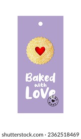 Galleta Linzer, tarjeta de felicitación, elemento de diseño, pastelería. Galleta tradicional de bocadillos de Navidad. Lleno de mermelada de fresa. Horneado de amor. Etiqueta, etiqueta, fondo de etiqueta. 