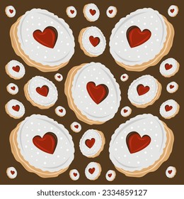 Linzer cookies flat vector illustration. Cute strawberry jam linzer cookies cream crispy dessert cartoon vector illustration for graphic design and decorative element