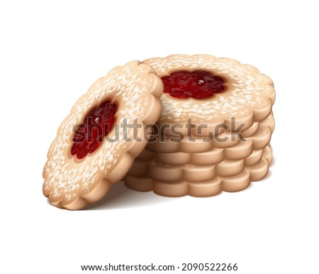 Linzer cookies in a stack. Christmas cookies with red strawberry jam. Isolated on white background.