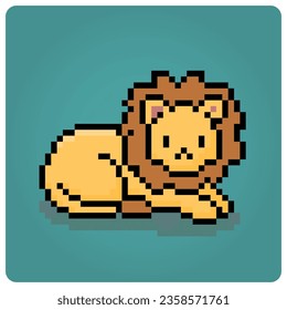 Lion in 8 bit pixel art. Pixel animals for game assets in vector illustration.