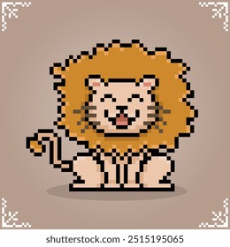 Lion in 8 bit pixel art. Pixel animals for game assets and cross stitch patterns in vector illustrations.