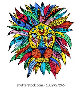 Lion abstract hand drawn vector illustration. Color tribal animal isolated design element. Multicolor paint texture drawing. Jungle, rainforest mammal head. T shirt, phone case sketch print